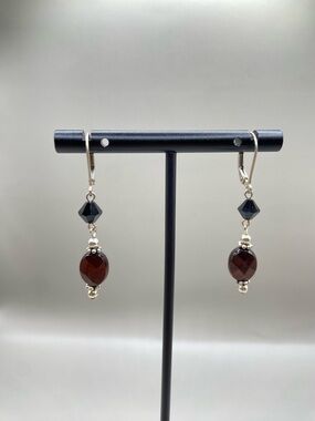 Brown Bead and Black Crystal Dangle Earrings